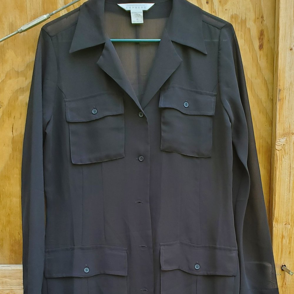 Sheer Multi-Pocketed Long-Length Black Blouse from Express ~ Circa 1996